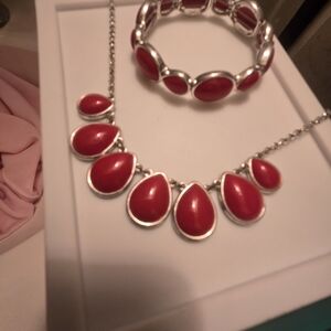 Silver-Tone Red Teardrop Necklace & Bracelet Set